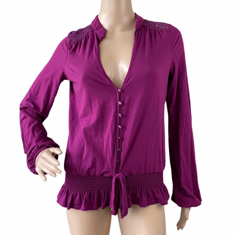 Ella Moss Lace Yoke Smocked Waist Cardigan Top